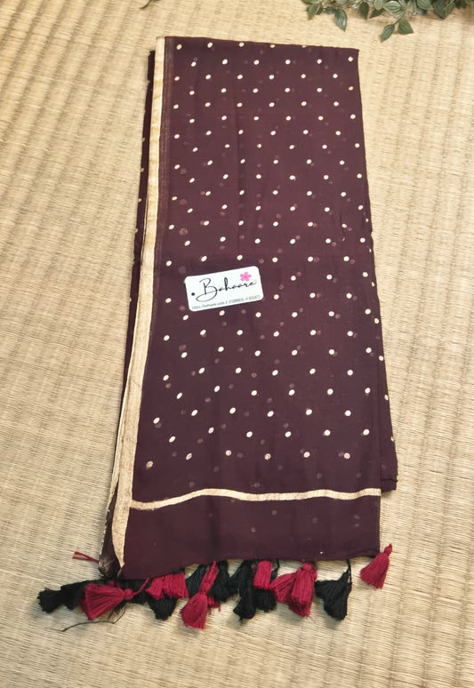 Polka Passion | Mocha Maroon Mul Mul Cotton Saree with Golden Polka Dots