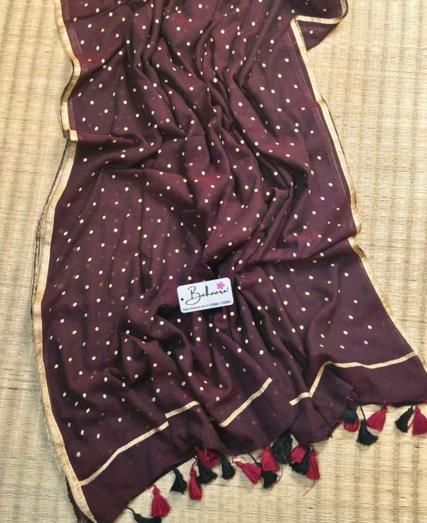 Polka Passion | Mocha Maroon Mul Mul Cotton Saree with Golden Polka Dots