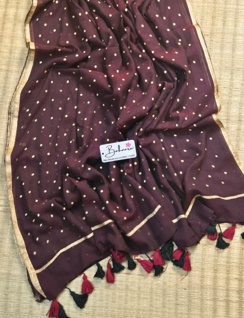 Polka Passion | Mocha Maroon Mul Mul Cotton Saree with Golden Polka Dots