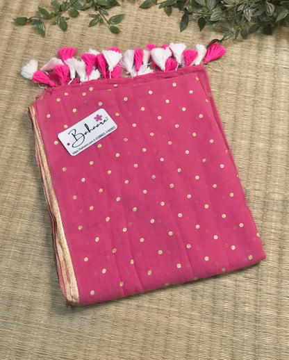 Polka Passion | Raspberry Pink Mul Mul Cotton Saree with Golden Polka Dots