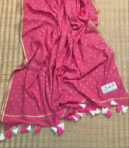 Polka Passion | Raspberry Pink Mul Mul Cotton Saree with Golden Polka Dots