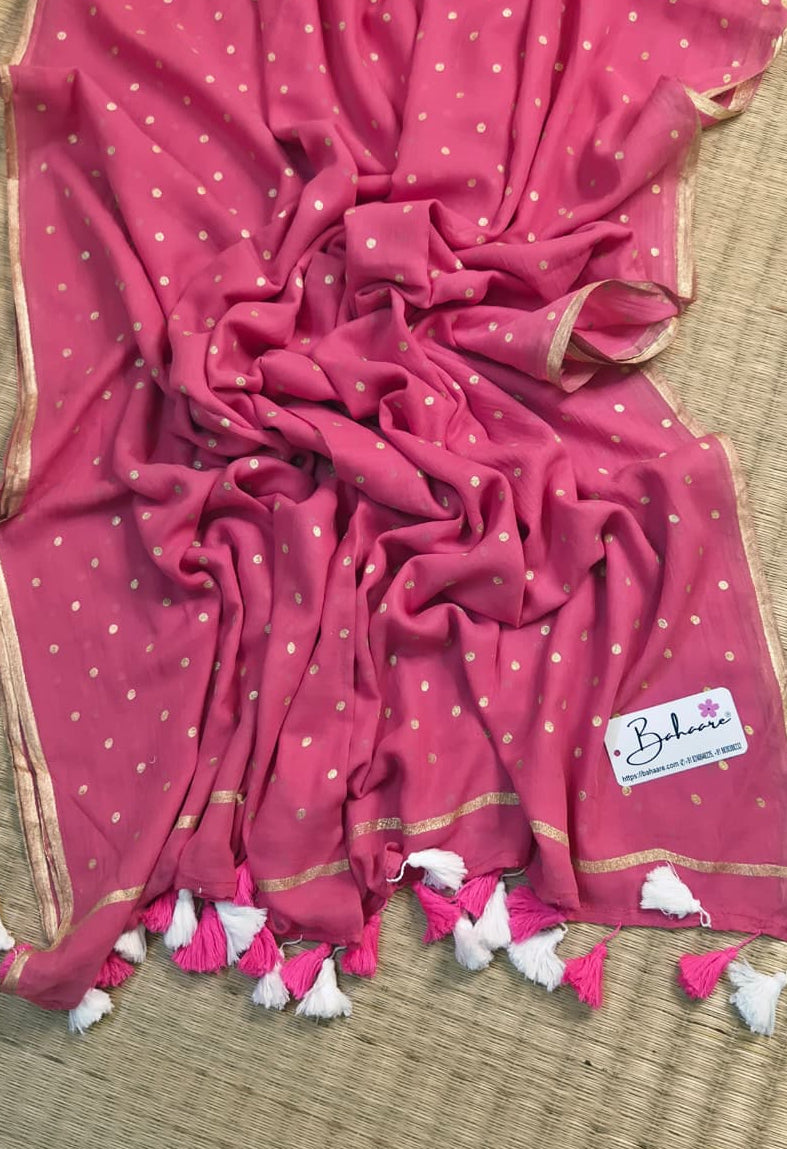 Polka Passion | Raspberry Pink Mul Mul Cotton Saree with Golden Polka Dots