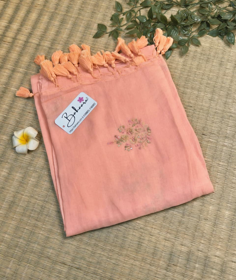 Shimmering Starlight | Soft Peach Mul Mul Cotton Saree with Sequin Zari Embroidery Work