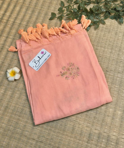 Shimmering Starlight | Soft Peach Mul Mul Cotton Saree with Sequin Zari Embroidery Work