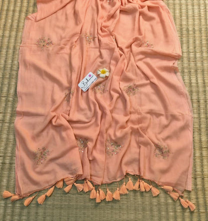 Shimmering Starlight | Soft Peach Mul Mul Cotton Saree with Sequin Zari Embroidery Work