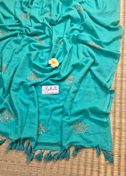 Shimmering Starlight | Aquamarine Mul Mul Cotton Saree with Sequin Zari Embroidery Work