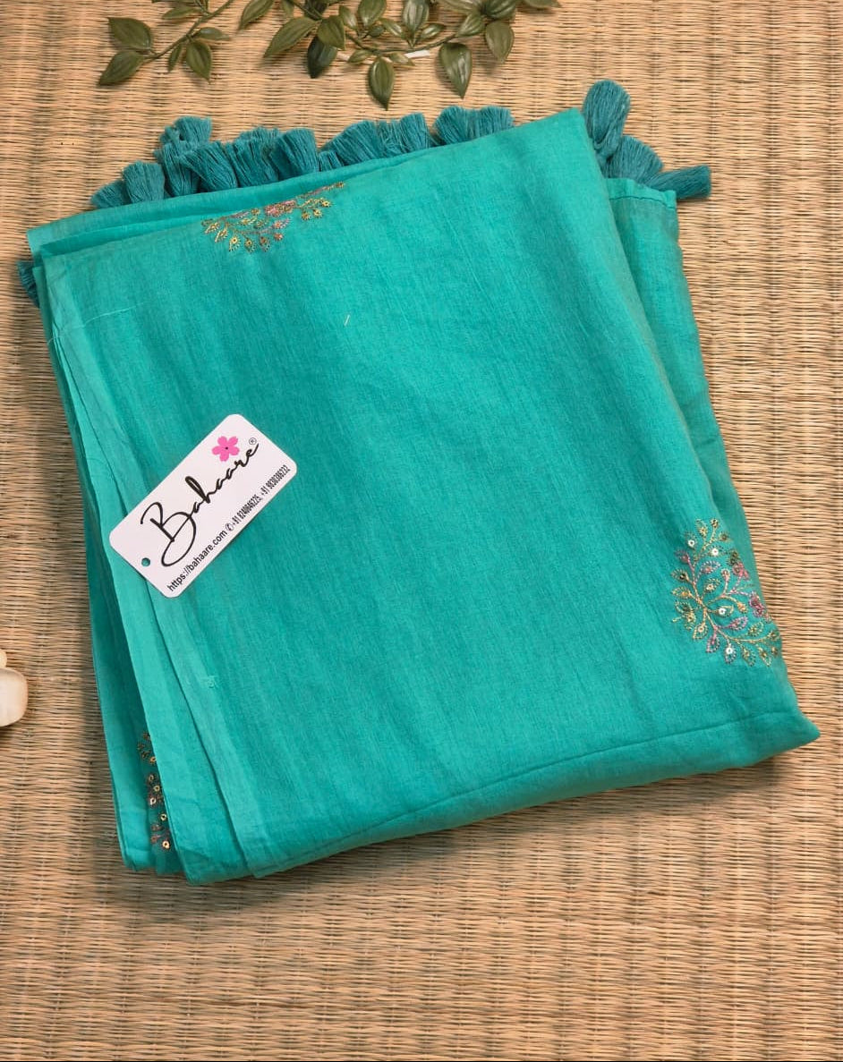Shimmering Starlight | Aquamarine Mul Mul Cotton Saree with Sequin Zari Embroidery Work