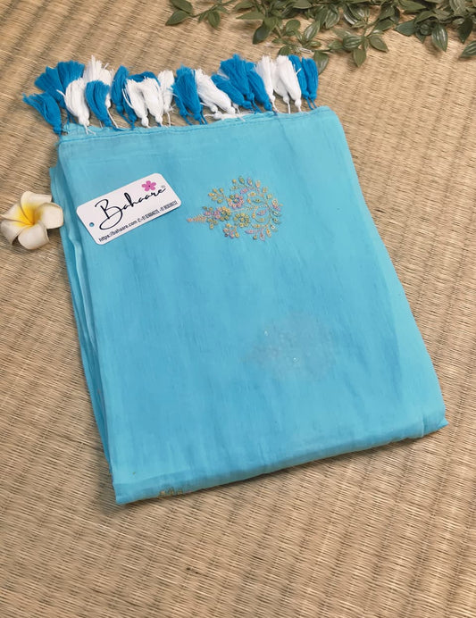 Shimmering Starlight | Light Sky Blue Mul Mul Cotton Saree with Sequin Zari Embroidery Work