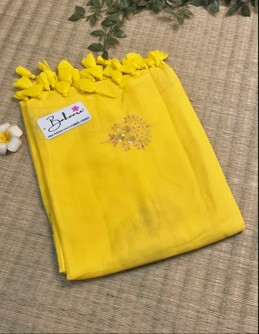 Shimmering Starlight | Poppins Yellow Mul Mul Cotton Saree with Sequin Zari Embroidery Work