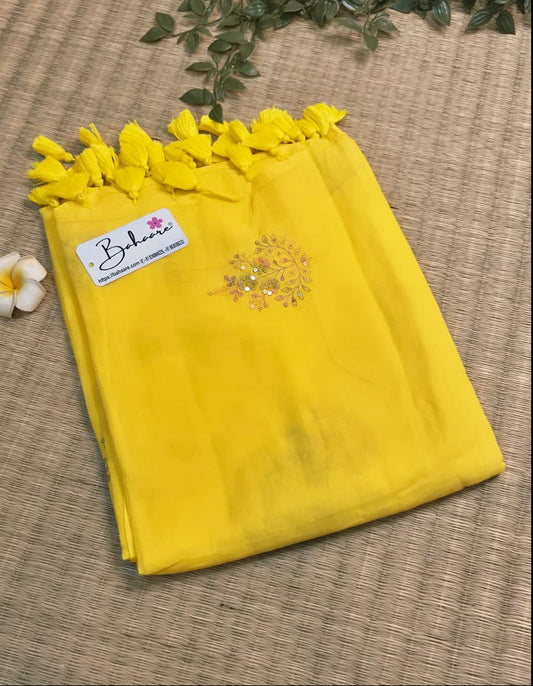 Shimmering Starlight | Poppins Yellow Mul Mul Cotton Saree with Sequin Zari Embroidery Work