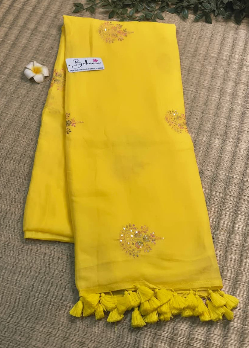 Shimmering Starlight | Poppins Yellow Mul Mul Cotton Saree with Sequin Zari Embroidery Work