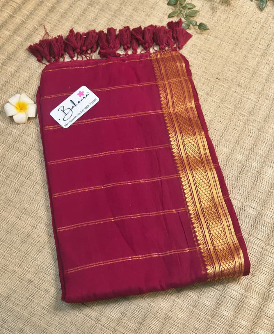 Noor | Dark Maroon Mul Mul Cotton Saree with Golden Zari Border