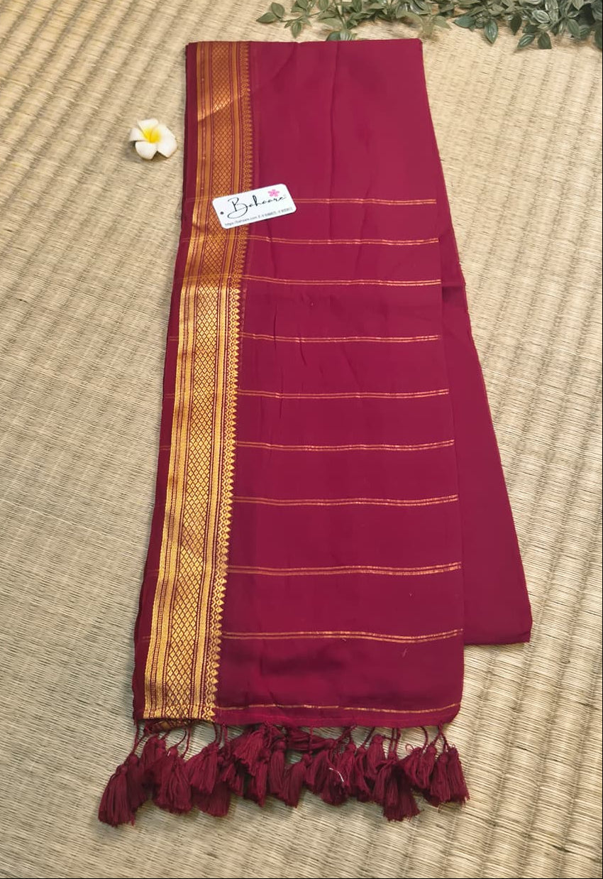 Noor | Dark Maroon Mul Mul Cotton Saree with Golden Zari Border