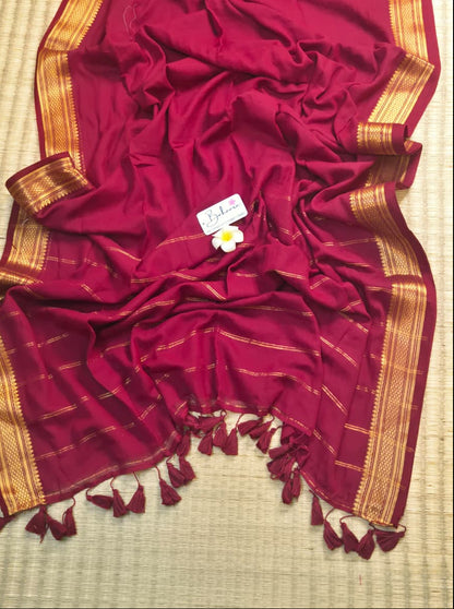 Noor | Dark Maroon Mul Mul Cotton Saree with Golden Zari Border