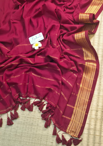 Noor | Dark Maroon Mul Mul Cotton Saree with Golden Zari Border