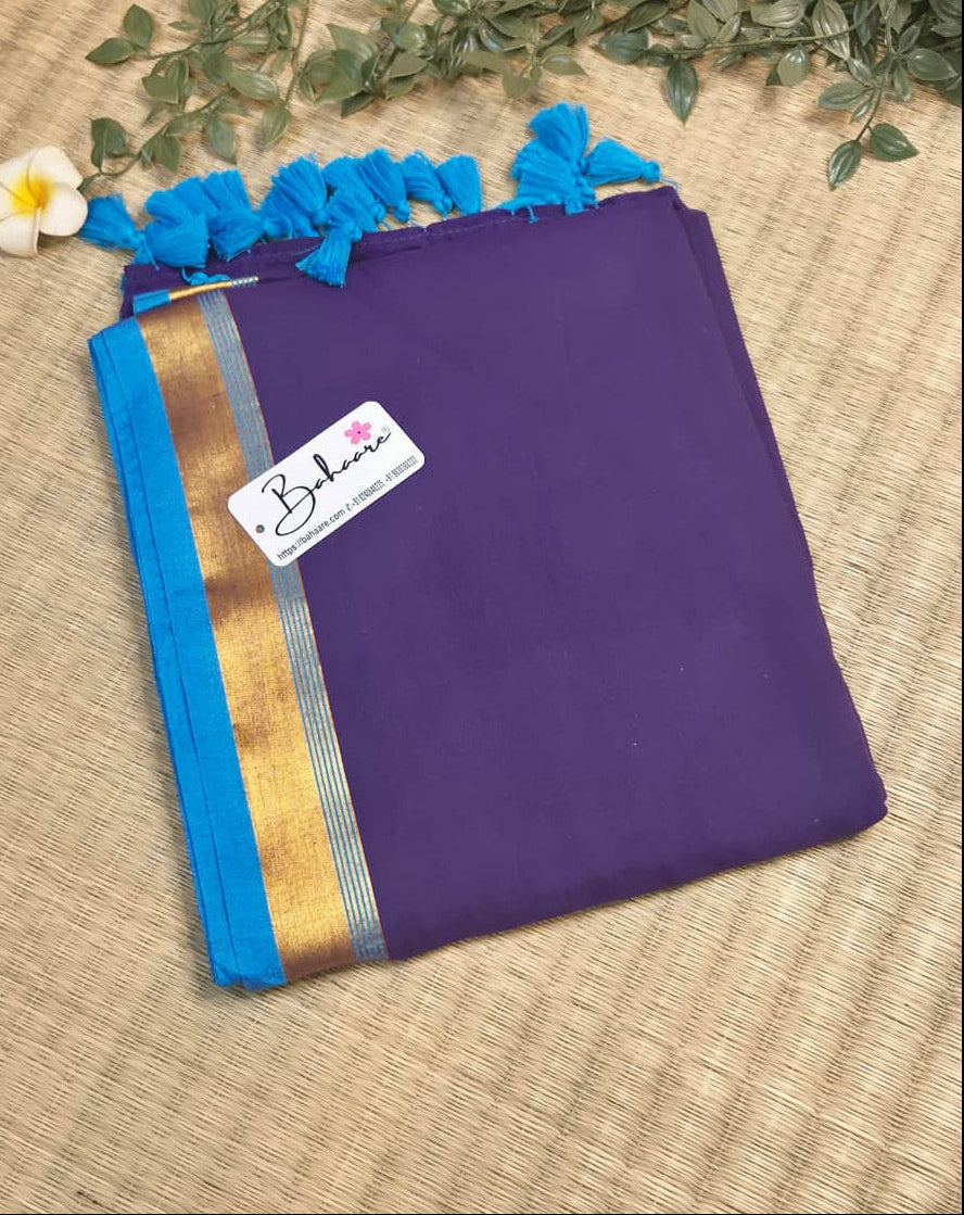 Noor | Royal Violet Mul Mul Cotton Saree with Golden Zari Border