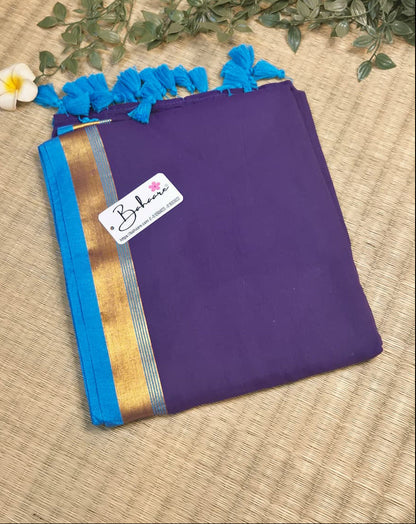 Noor | Royal Violet Mul Mul Cotton Saree with Golden Zari Border