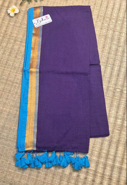 Noor | Royal Violet Mul Mul Cotton Saree with Golden Zari Border
