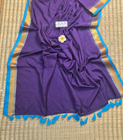 Noor | Royal Violet Mul Mul Cotton Saree with Golden Zari Border