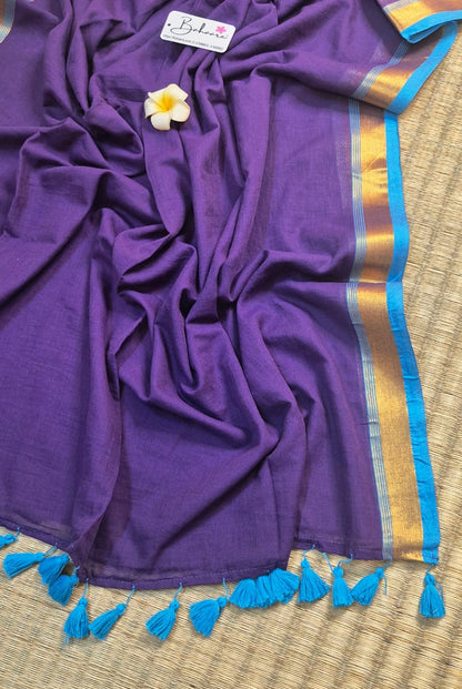 Noor | Royal Violet Mul Mul Cotton Saree with Golden Zari Border