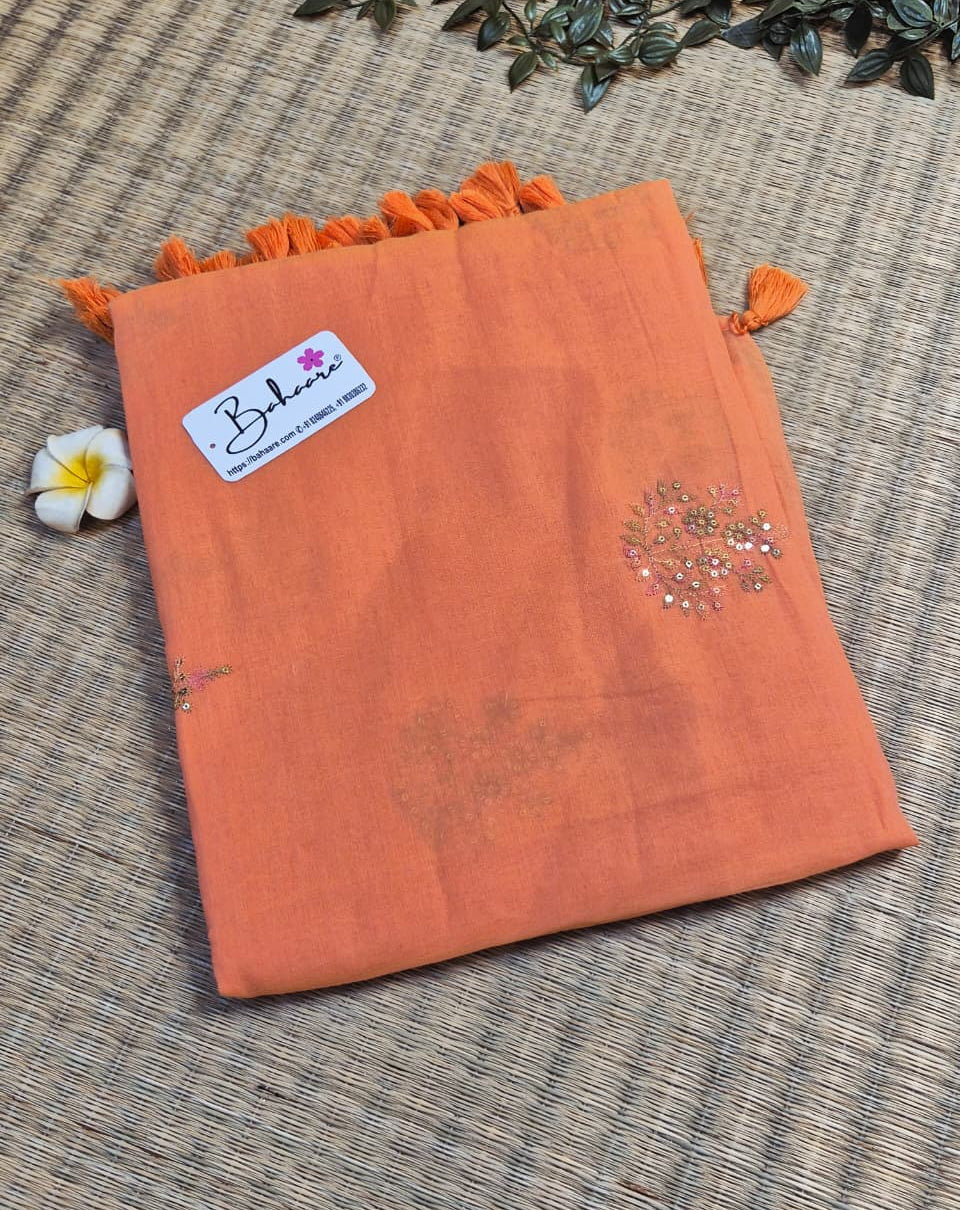 Shimmering Starlight | Dark Peach Mul Mul Cotton Saree with Sequin Zari Embroidery Work