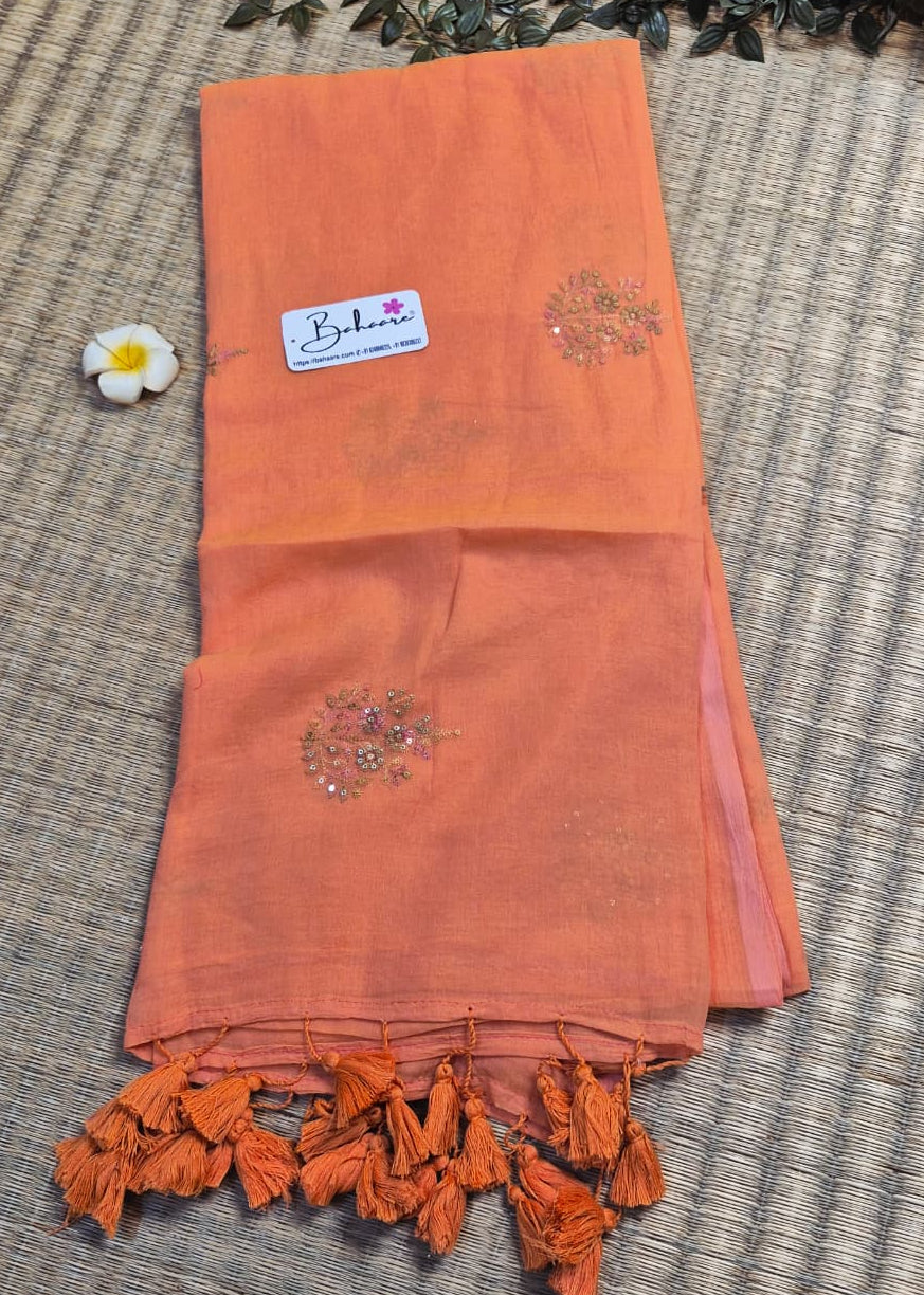 Shimmering Starlight | Dark Peach Mul Mul Cotton Saree with Sequin Zari Embroidery Work