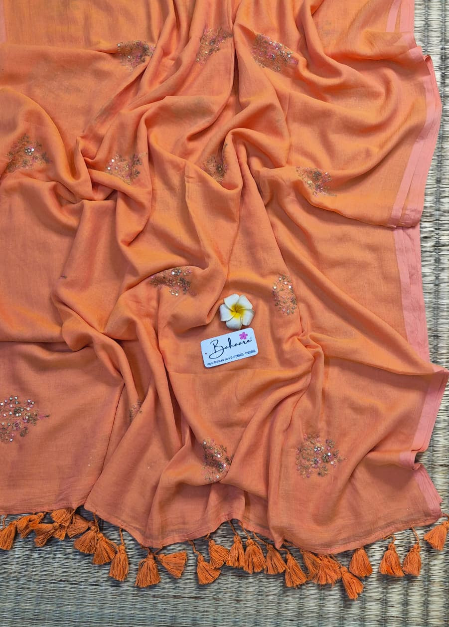 Shimmering Starlight | Dark Peach Mul Mul Cotton Saree with Sequin Zari Embroidery Work