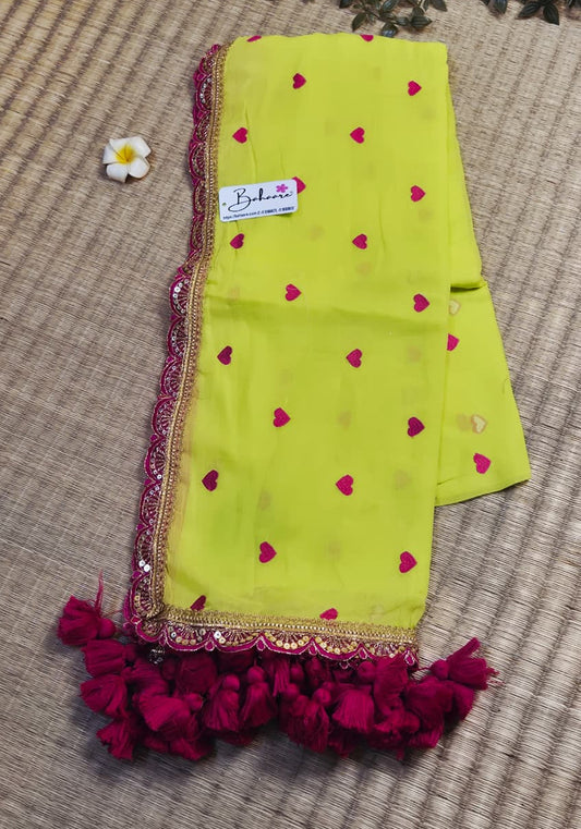 Dil | Radiant Lime Mul Mul Cotton Saree with Golden Zari Lace