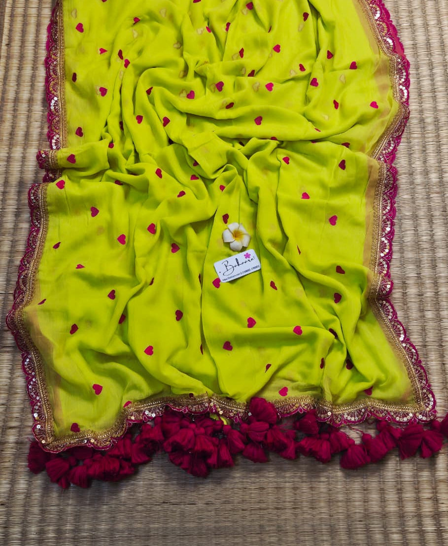Dil | Radiant Lime Mul Mul Cotton Saree with Golden Zari Lace