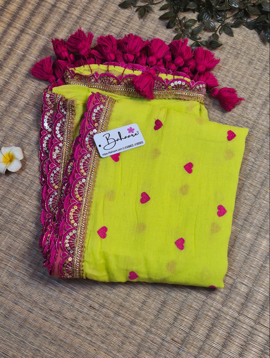 Dil | Radiant Lime Mul Mul Cotton Saree with Golden Zari Lace