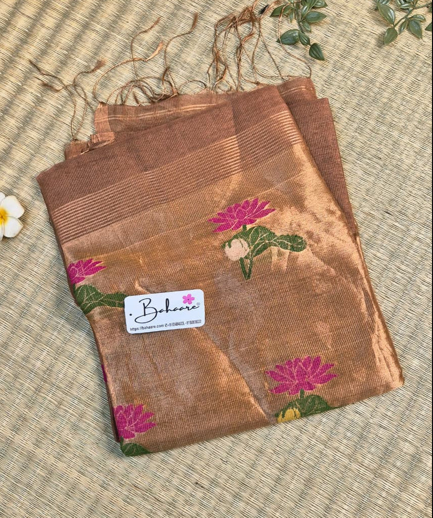 Springtime Serenity | Antique Copper Pure Silk Linen Saree