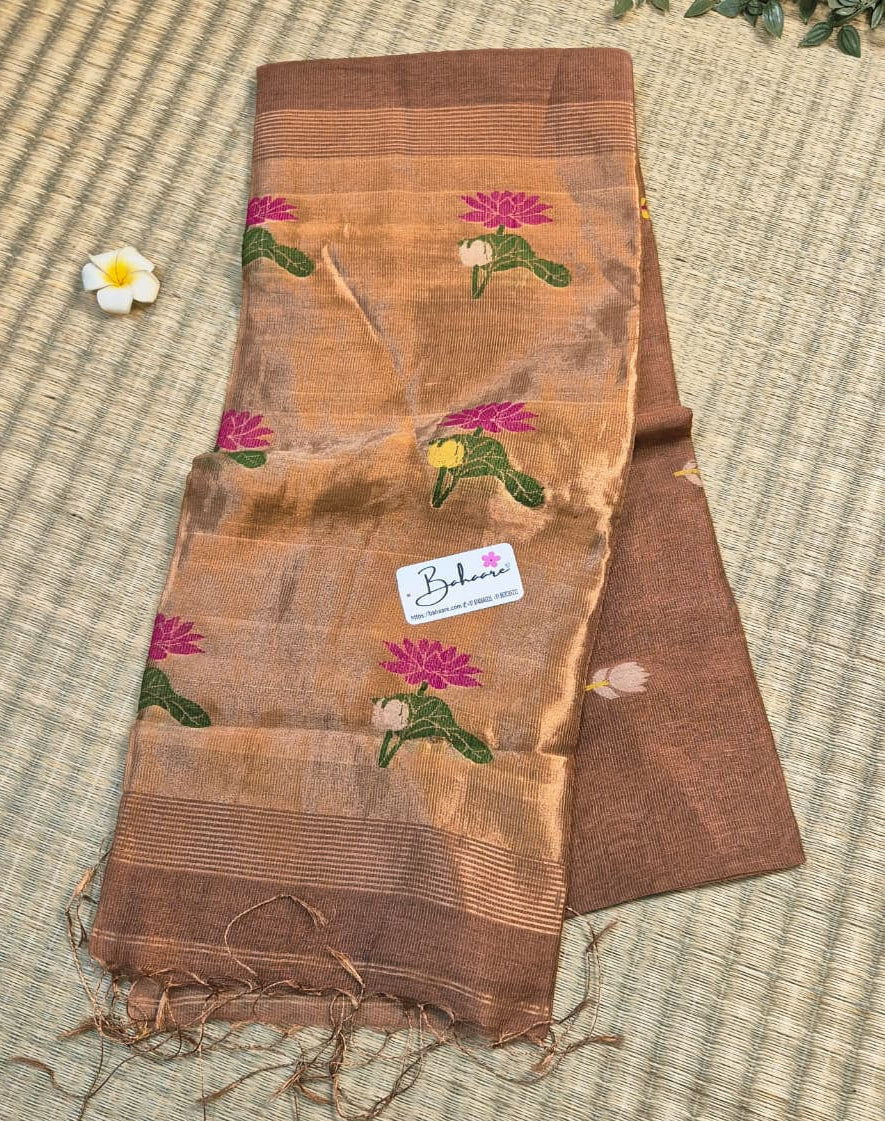 Springtime Serenity | Antique Copper Pure Silk Linen Saree