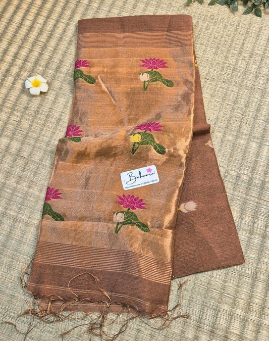 Springtime Serenity | Antique Copper Pure Silk Linen Saree
