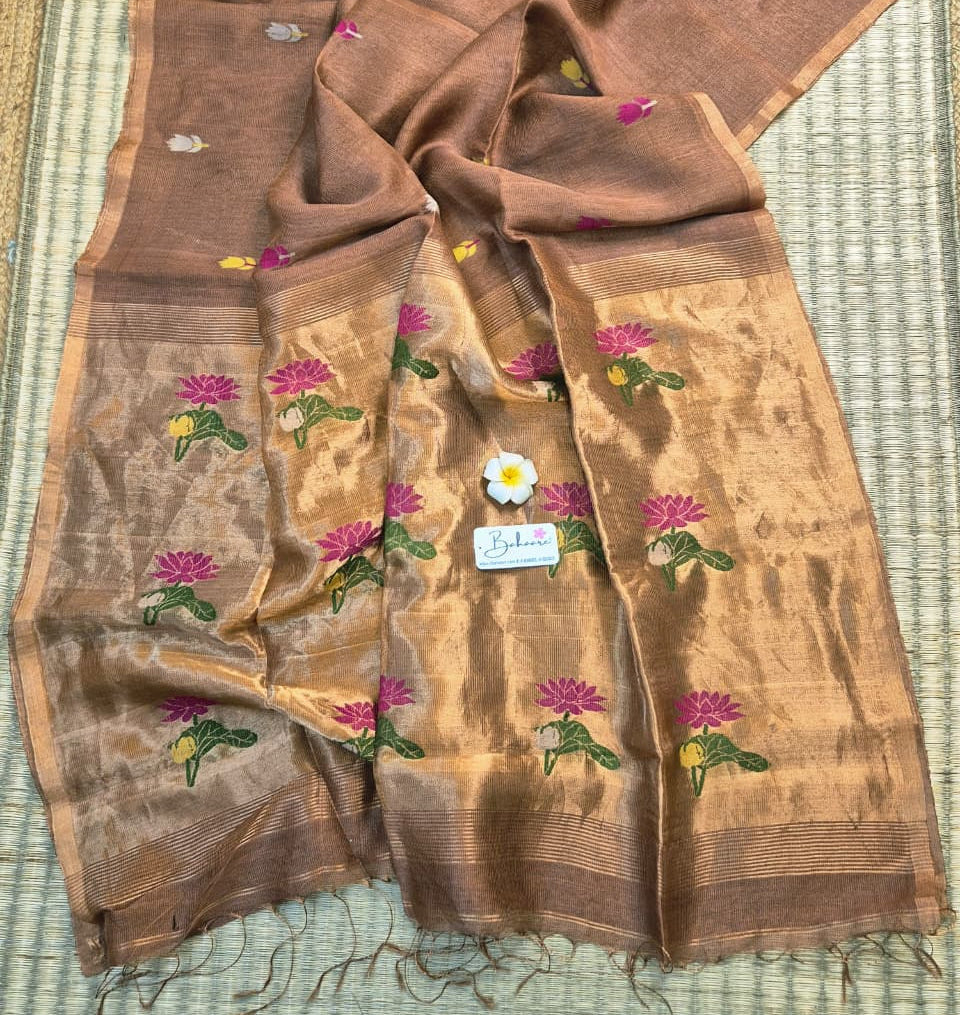 Springtime Serenity | Antique Copper Pure Silk Linen Saree