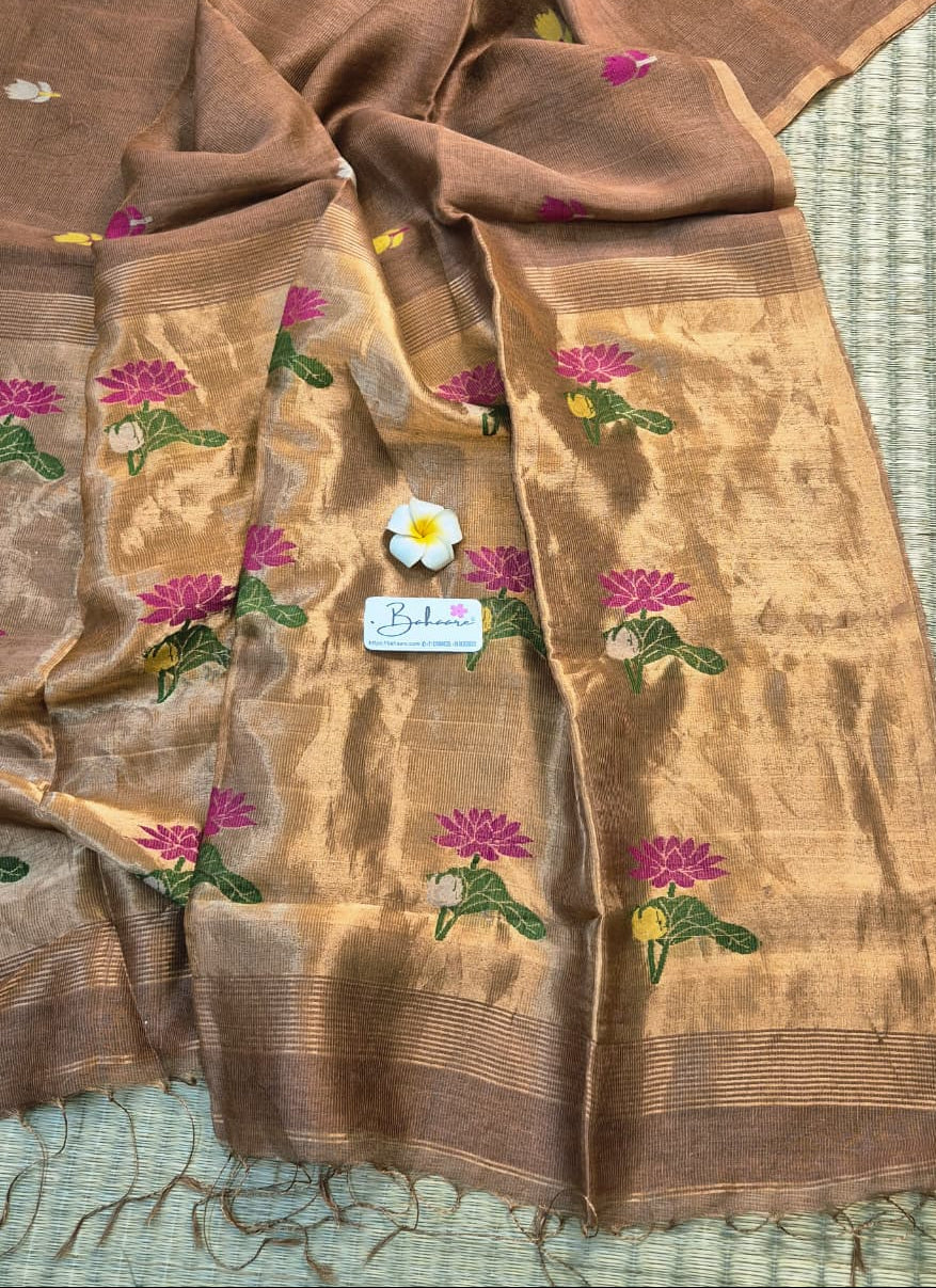 Springtime Serenity | Antique Copper Pure Silk Linen Saree