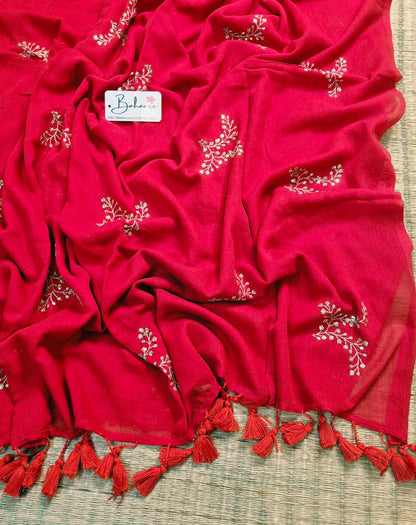 Shimmering Starlight | Ruby Red Mul Mul Cotton Saree with Sequin Zari Embroidery Work
