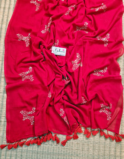 Shimmering Starlight | Ruby Red Mul Mul Cotton Saree with Sequin Zari Embroidery Work
