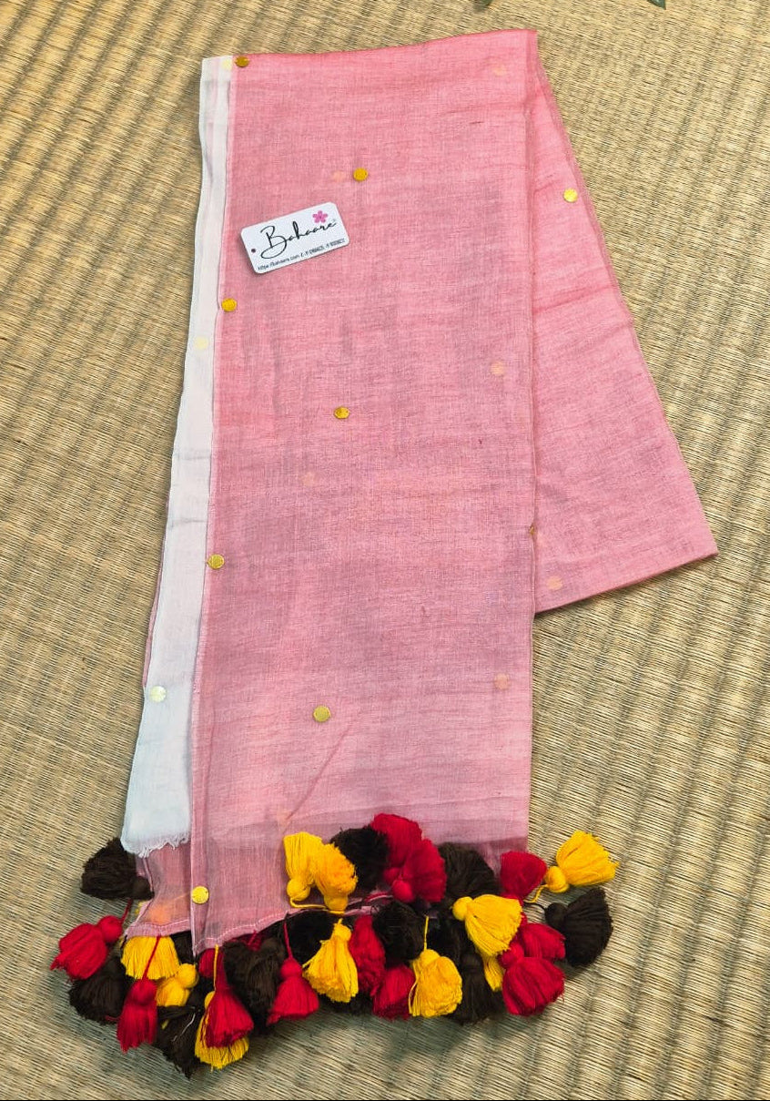 Shimmering Starlight | Light Pink and White Half N Half Mul Mul Cotton Saree