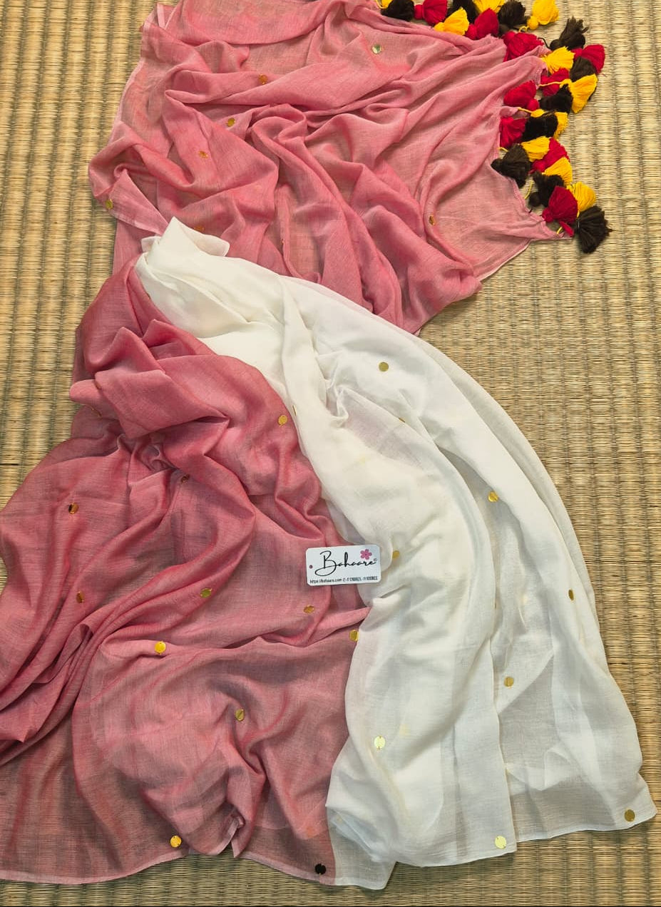 Shimmering Starlight | Light Pink and White Half N Half Mul Mul Cotton Saree