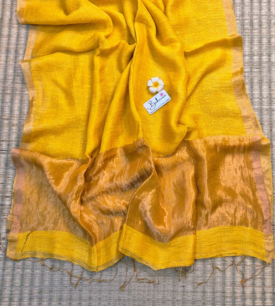 Springtime Serenity | Golden Yellow Pure Silk Linen Saree