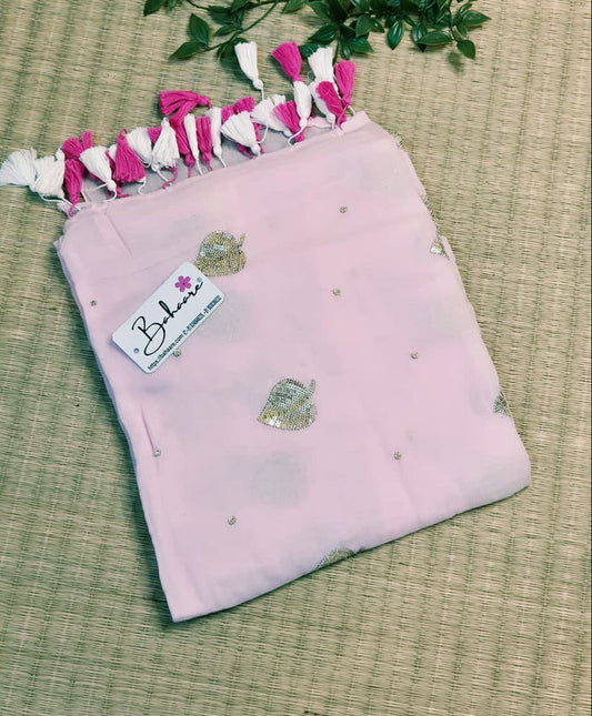 Shimmering Starlight | Pastel Pink Mul Mul Cotton Saree with Sequin Zari Embroidery Work