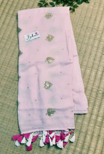 Shimmering Starlight | Pastel Pink Mul Mul Cotton Saree with Sequin Zari Embroidery Work