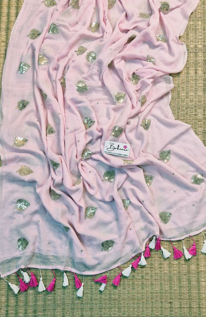 Shimmering Starlight | Pastel Pink Mul Mul Cotton Saree with Sequin Zari Embroidery Work
