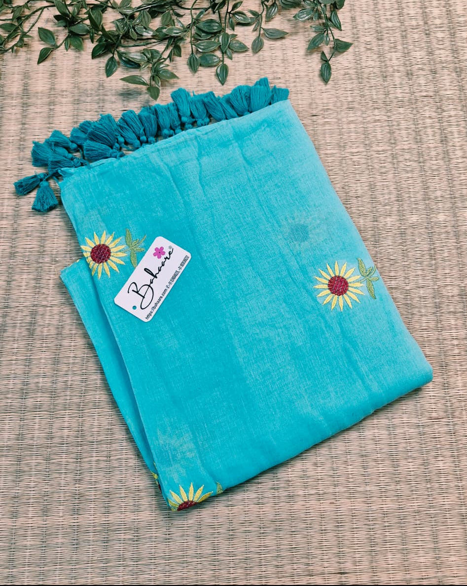 Mohini | Turquoise Blue Mul Mul Cotton Saree with Flower Motif