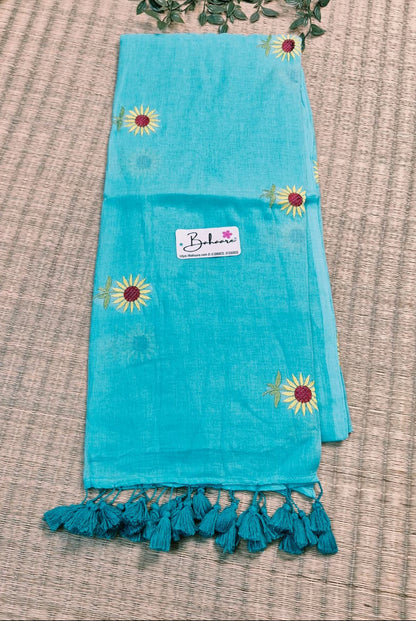Mohini | Turquoise Blue Mul Mul Cotton Saree with Flower Motif
