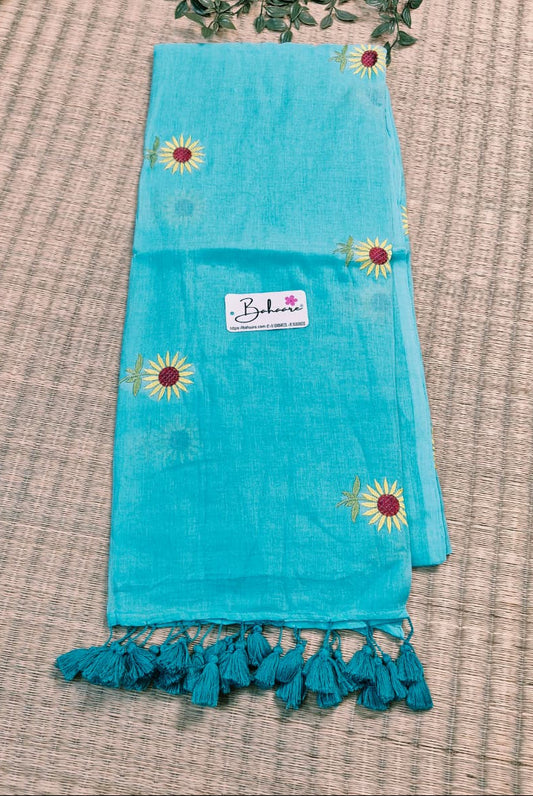 Mohini | Turquoise Blue Mul Mul Cotton Saree with Flower Motif