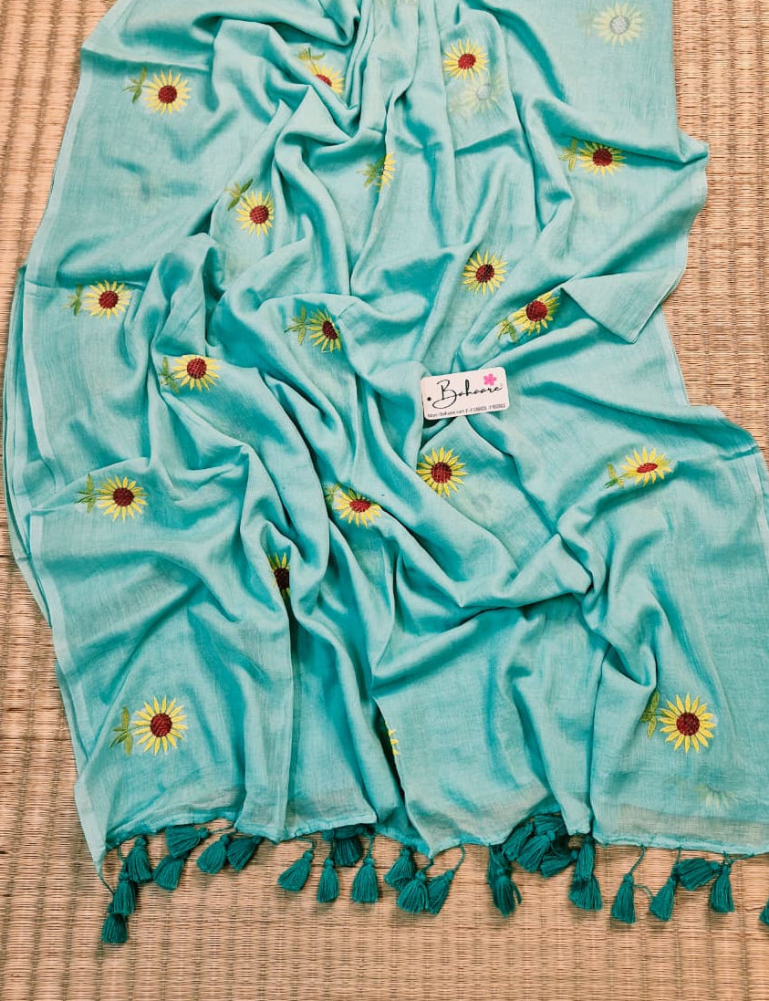 Mohini | Turquoise Blue Mul Mul Cotton Saree with Flower Motif