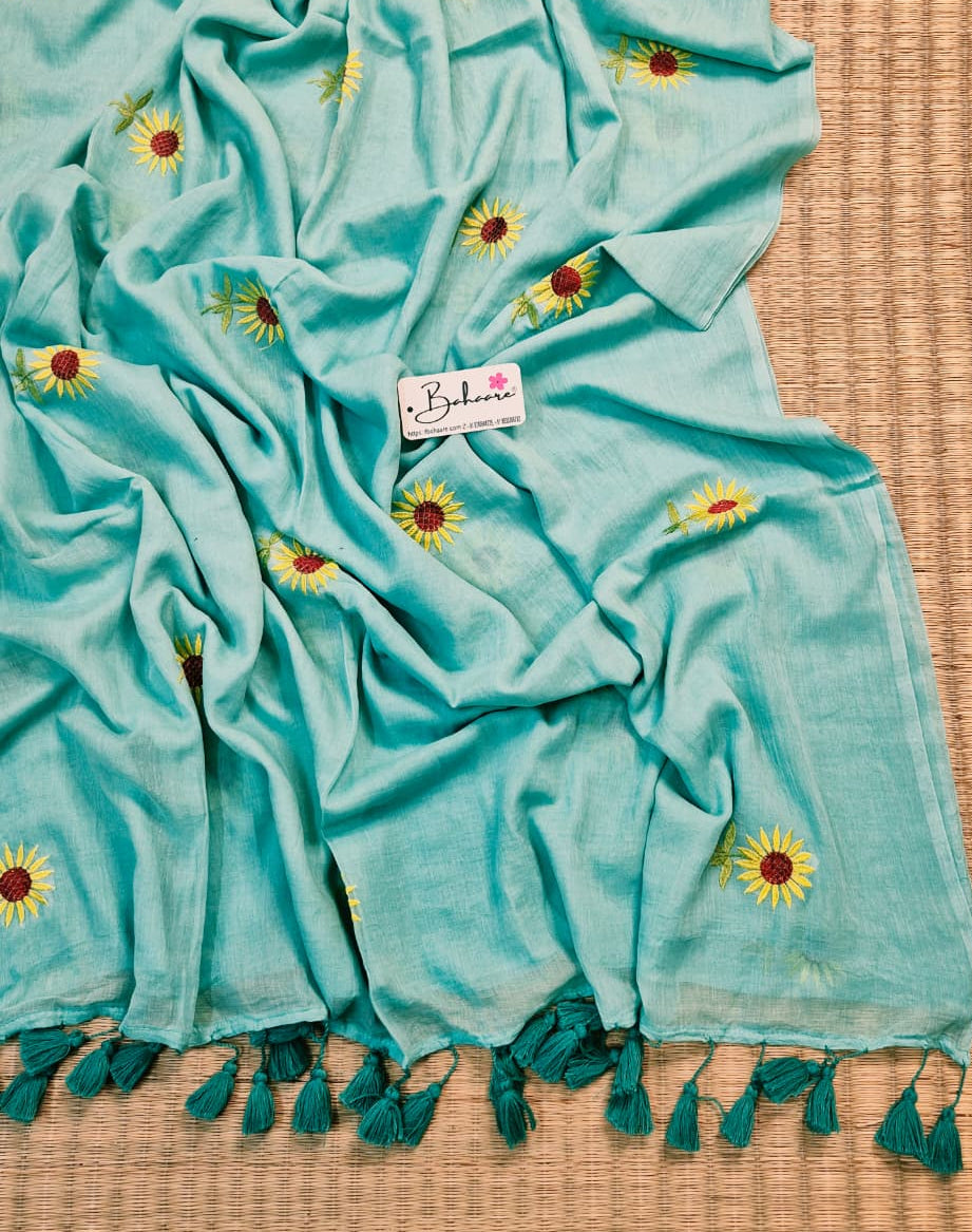 Mohini | Turquoise Blue Mul Mul Cotton Saree with Flower Motif