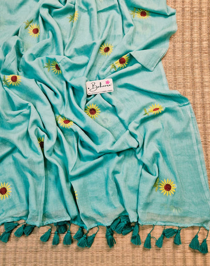 Mohini | Turquoise Blue Mul Mul Cotton Saree with Flower Motif