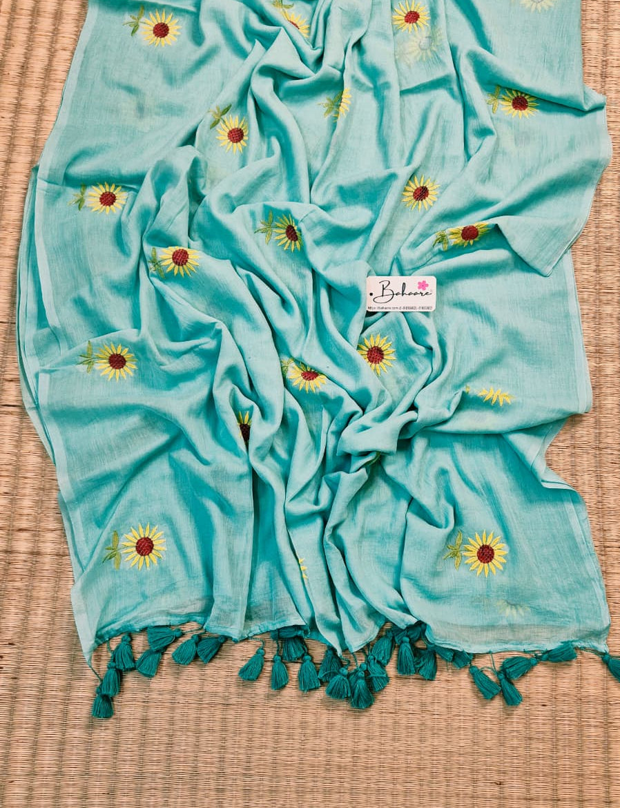Mohini | Turquoise Blue Mul Mul Cotton Saree with Flower Motif